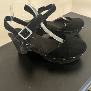 House of Harlow 1960 Black Suede Studded Wedge Platform Sandals Cherub Size 9.5